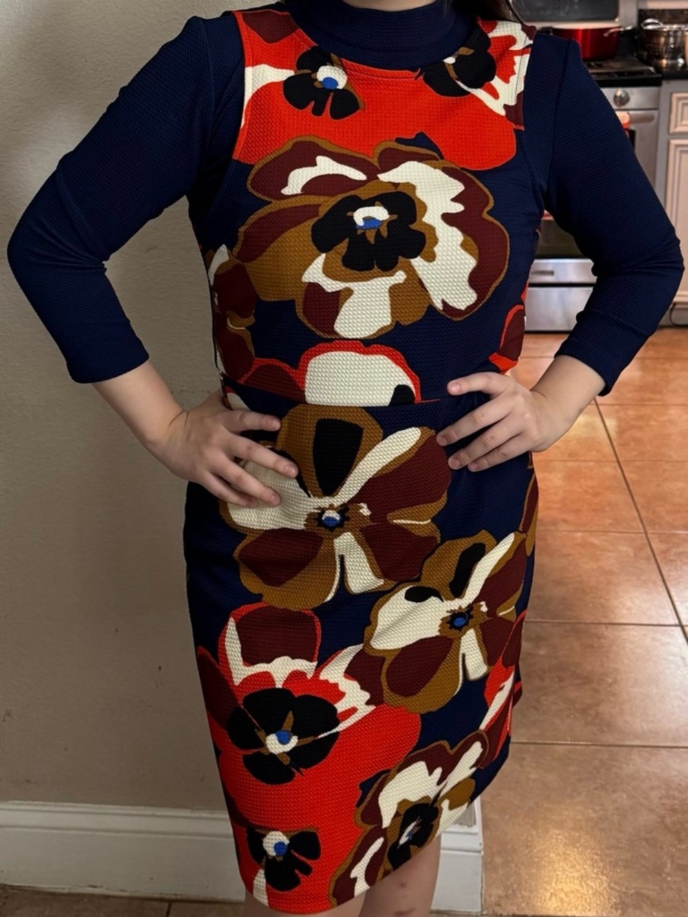 ECI New York Small Floral Sheath Dress Navy Red Layered Look Long Sleeve Texture